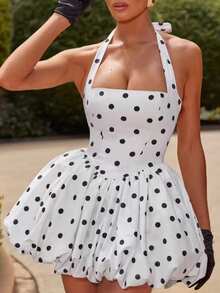 女士优雅性感波尔卡圆点吊带连衣裙，120克梭织面料，夏季 - 白色 - 查看 2