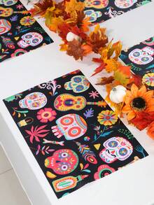 4 piezas Mantilla de seda con patrón de guitarra esquelética colorida, estilo mexicano, mantel ideal para el Día de Muertos mexicano, decoración de la mesa del hogar, suministros para festivales mexicanos y reuniones familiares - Multicolor - Ver 4