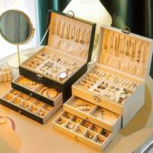 經典珠寶盒收納盒，3 層珠寶收納盒，帶 2 個抽屜，帶手柄的珠寶收納盒，大容量收納盒，可拆卸珠寶托盤，13.7 x 17.2 x 23.2 厘米，珠寶收納盒，送給媽媽的禮物，禮物之選，白色，黑色，墨綠色