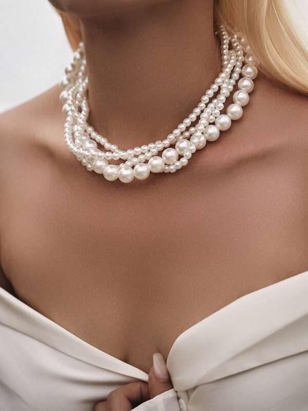 Simple Multi-Layered Elegant Beaded Large Pearl Necklace, Ladies' Daily Wear Accessories