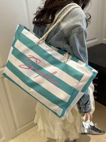 Personalized Striped Beach Tote Bag – Custom Bridesmaid Gift Bag, Large Capacity Travel Tote For Women, Monogrammed Beach Bag, Wedding Party Favor, Stylish Striped Tote For Vacation, Shopping, Mother's Day Gift, Elegant Beach Bag, Daily Use Shoulder Tote, School Supplies, For Teenagers, Junior High School Students, Middle School Students, High School Senior High School Students, College Students, University Students, Freshman, Sophomore, Underclassmen - Multicolor - View 5