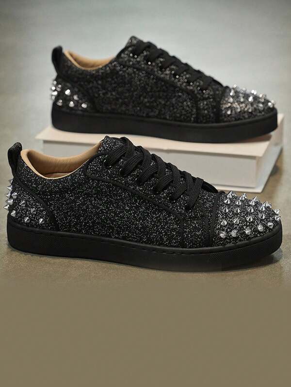 Rivet & Rhinestone Embellished Casual Sneakers, Low-Top Lace-Up Style, Sparkling Details For Stylish Outfit