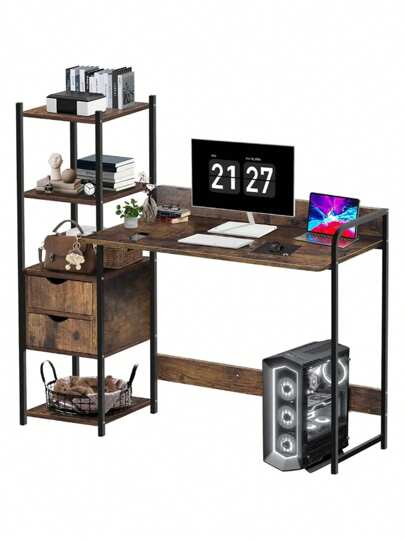 Escritorio clásico en color marrón oscuro apto para múltiples escenas con 2 cajones y 3 estanterías. ﻿