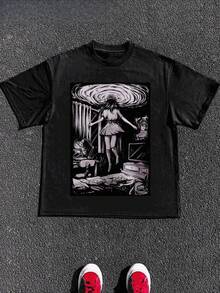 Dise?o de ilustración fantástica con figura flotante,Camiseta casual de cuello redondo y manga corta con estampado,adecuada para uso diario en primavera y verano,unisex - Negro - Ver 1