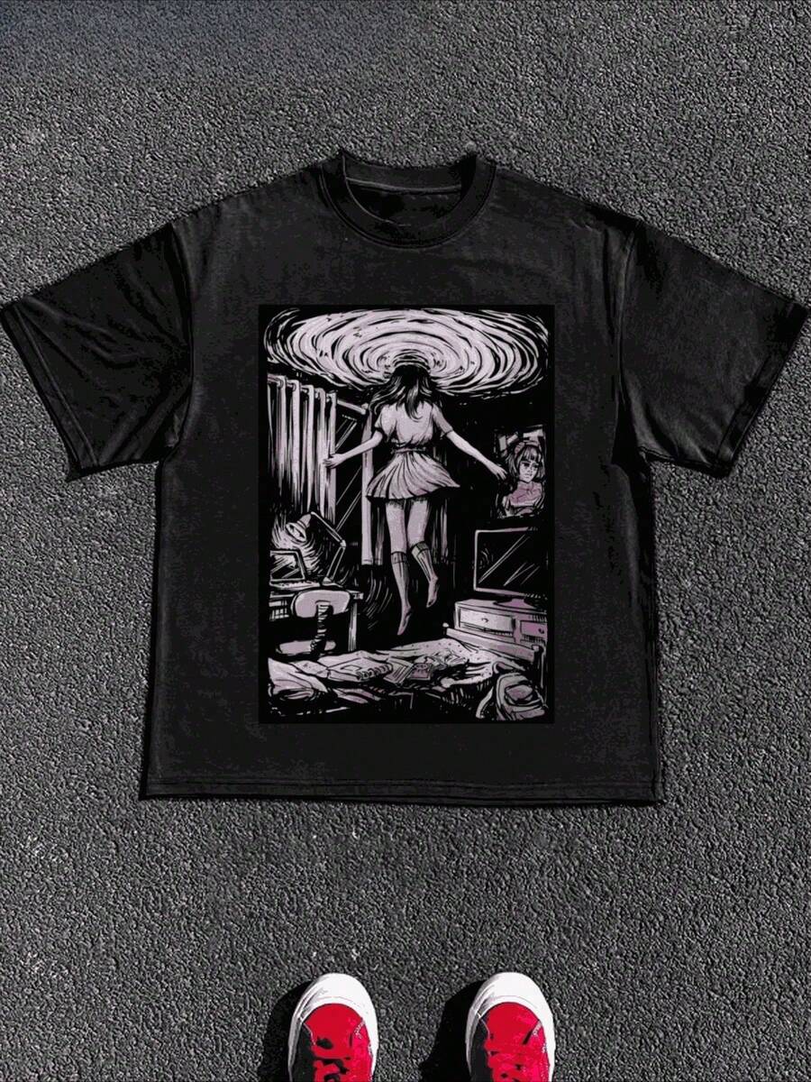 Dise?o de ilustración fantástica con figura flotante,Camiseta casual de cuello redondo y manga corta con estampado,adecuada para uso diario en primavera y verano,unisex - Negro - Ver 1