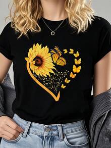 Sunflower Heart Summer Floral Girls Women Kids-Shirt Art Summer Tops Art-Shirt Women - 黑色 - 查看 1