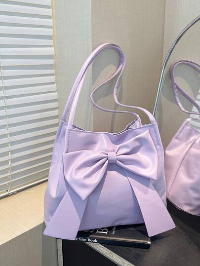 Fashionable New Bucket Handbag, Popular Spring & Summer Bowknot Decor Tote Shoulder Bag, Shoulder Commuter Bag, Solid Color Handbag , Purple