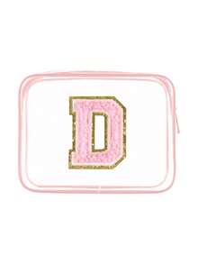 1个透明PVC便携式收纳袋，带毛巾，绣有字母A-Z，大容量化妆品收纳包，防水，带拉链，化妆包，化妆品袋，旅行收纳包，美妆包，可装口红