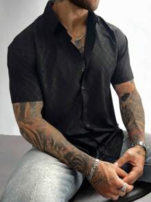 Men's Dress Shirts,Solid Color Geometric Diamond Check Short Sleeve Shirt,Button-Down Business-Casual Shirts With A Regular Fit, Which Are Highly Suitable For Wearing At Wedding Parties, At Work Or In The Office,For Father's Day Gift