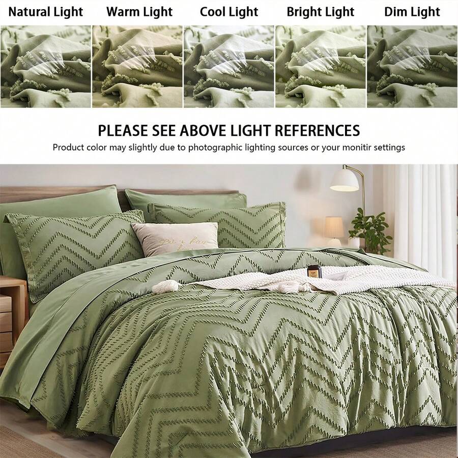 7-Piece Cozy Tufted Comforter Set For King - Soft Microfiber, Lightweight, Breathable - Twin/Full/Queen/King, And Bed In A Bag, Suitable For All Seasons, Comes With Comforter, Flat Sheet, Fitted Sheet , PillowSham And Pillowcases, Ideal Gift,Room Decro - Xanh lá-03 - Xem 1