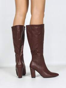 Women's Burgundy Pointed Toe Chunky Heel Over-The-Knee Boots, Stylish Casual Party Elegant Personalized Fashion Versatile Knee-High Boots - Burgundy - View 4