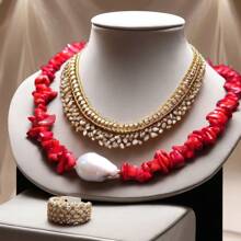 Zhenwei xina 1PC Luxury Boho Retro Red Coral Natural Stones Irregular Handmade Pearl Necklace For Women Gift Box For Girls Summer Beach Collar