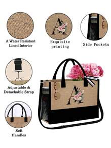 1 set, Bolso de mano tipo tote con estampado de flores con inicial A y correas para el hombro & Set de bolsas de maquillaje con iniciales de la A a la Z, bolso de regalo personalizado con bolsillos laterales, bolso de playa con pañuelo, bolsos de almacenamiento portátiles y de ocio, bolsas de compras multifuncionales, bolsa de almacenamiento simple para viajes