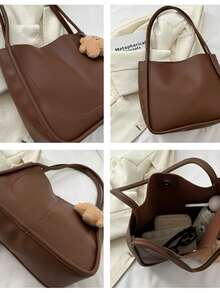 1pc Pu Material With Plush Star Pendant, Simple Solid Color Patchwork, 10 Capacity Women Tote Bag, Shoulder Bag, Handbag, Suitable For Ladies Daily Use, Business Travel, Multi-Functional Bag, Small Gift For Best Friends - Multicolor - View 5