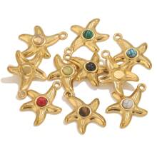 4 pièces Pendentif en acier inoxydable 304 doré, étoile de mer et pierre naturelle, DIY bijouterie, convient pour que les femmes le portent lors de vacances d'été à la plage