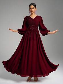 SUPGIR V-Neck Pleated Waistline Pearl Trim Lantern Sleeve Maxi Chiffon Party Dress - Burgundy - View 3