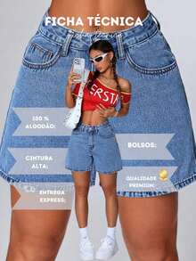 Women's Bermuda Jeans, Comfort, High Waist, Light Wash, Premium Stonewashed Effect - Rửa nhẹ - Xem 7
