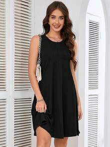 Women's Summer Sleeveless Crew Neck Midi Dresses Casual Loose Fitted Sundress With Pockets - A01-黑色 - 查看 8