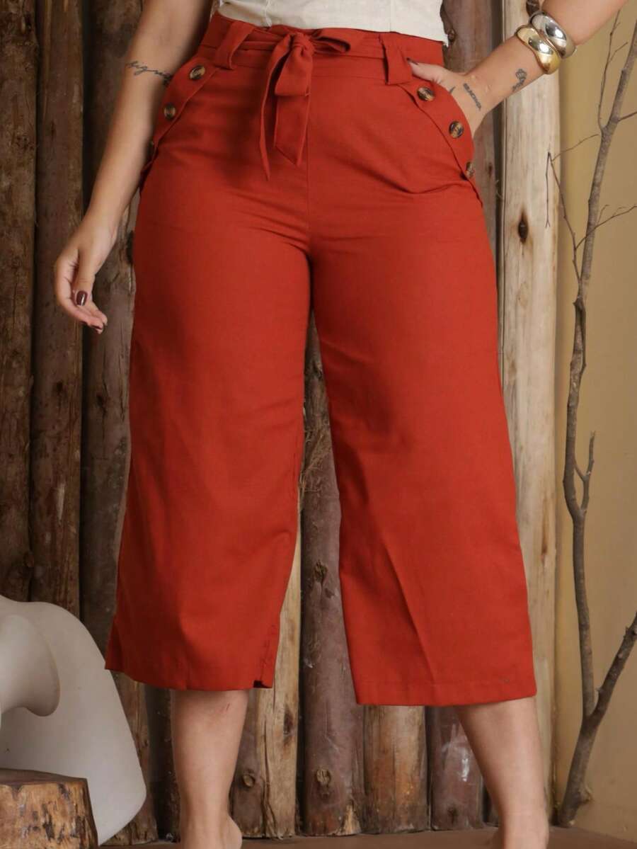 Women's Pantacourt Linen High Waist Trousers With Bow And Pockets - 紅陶 - 查看 1