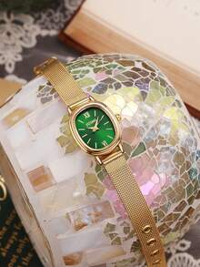 1pc Minimalist High-Grade Rhinestone Scaled Small Dial Quartz Watch, Suitable For Birthday, Halloween Gift, Event - Gold - View 2