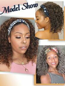 14inch HeadBand Wig Kinky Curly Wig For Women,  Deep Wave Headband Wig Glueless Half Wigs Synthetic Hair Curly Headband Wig Ombre Brown - 1b/30# - View 7
