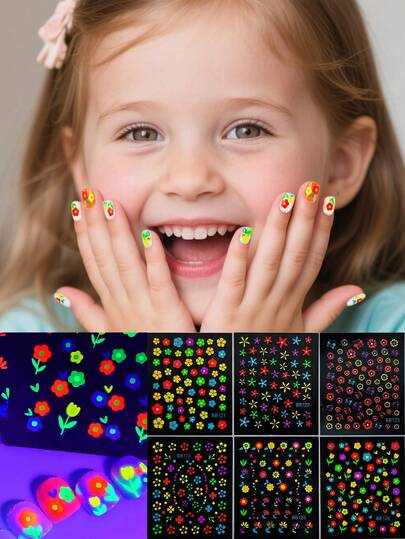 6 Pcs 3D Glow In The UV Light Neon Nail Stickers, Fluorescent Self-Adhesive Nail Art Decorations With Butterfly, Flower Leaf Heart Design For Festival Manicure Accessories DIY Nail Deco