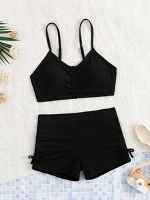 年轻女孩夏季纯黑色细肩带比基尼套装（含平角内裤） - 黑色 - 查看 1