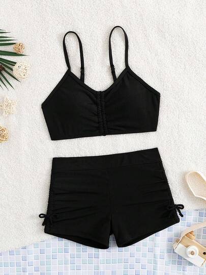年轻女孩夏季纯黑色细肩带比基尼套装（含平角内裤）