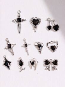 11pcs/Set Silver Tone And Black Diamond-Encrusted Edgy DIY Earring And Necklace Jewelry Set