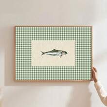 1pc Unframed Vintage Green Checkered Fish Wall Art Poster Canvas Print Minimalist Grandmillenial Style Fisherman Aesthetic Kitchen Decor Painting For Apartment,Living Room,Bedroom,Modern Home Decoration - Multicolor - View 2