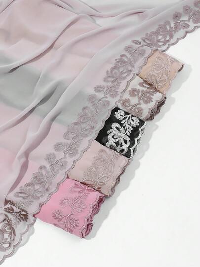 1 件女士纯色珍珠雪纺刺绣蕾丝边围巾，时尚优雅披肩头巾，日常防紫外线