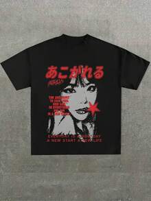 Dise?o con una imagen de una persona en estilo de cómic y texto en rojo,Camiseta casual de cuello redondo y manga corta con estampado,adecuada para uso diario en primavera y verano,unisex - Negro - Ver 1