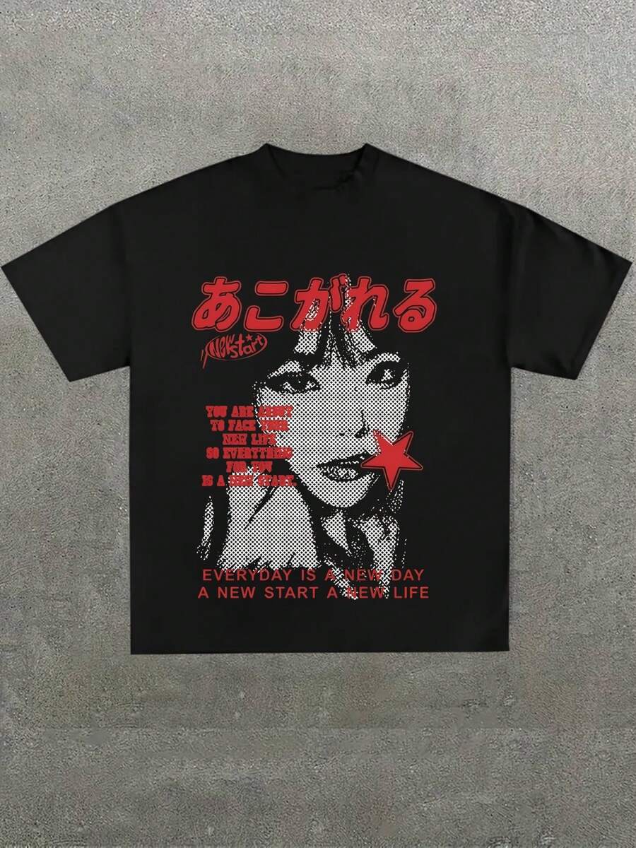Dise?o con una imagen de una persona en estilo de cómic y texto en rojo,Camiseta casual de cuello redondo y manga corta con estampado,adecuada para uso diario en primavera y verano,unisex - Negro - Ver 1