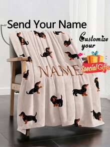 1pc Customized Name Dachshund Fleece Blanket, Unisex, Soft Plush Throw For Girls, Boys, Teens, Adults, Christmas Gift, All-Season, Reversible, Machine Washable, Contemporary Style, Digital Print, Superfine Fiber Cover, 260-300g Square