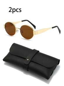 2pcs Oval Eyeglasses, Vintage Metal Frame Street Style UV Protection