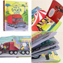 Lachilly Série de livros Peep Inside da Usborne - Como funciona um avião/ Como funciona um caminhão de reciclagem/ Como funciona um carro de bombeiros/ Como funciona um guindaste, livro ilustrado infantil, atividade interativa pré-escolar, livro de inglês para aprendizagem precoce