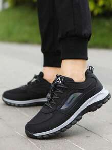 Men's Lightweight Mesh Sneakers, Black Casual Outdoor Shoes For Autumn, Elastic Band Low-Top Flat Black Shoes, Men's Training Shoes, Tennis Shoes, Road Running Shoes