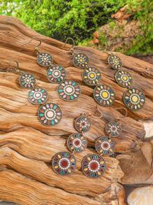 TopHanqi 3 Pairs Bohemian Retro Style Women's Earrings Set, Multi-Layer Painted Geometric Circle Sun Flower Pendant Earrings, Versatile Daily/Party/Commute Accessories, All Season