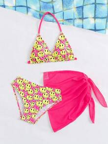 Girls Three Pieces Rose Red Smiling Face Print Bikini Set With Veil, Fashionable Holiday Style, Suitable For Swimming, Vacation, Summer - Rose Red - View 3