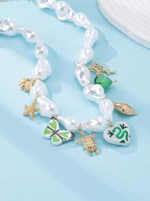 Colar com pingentes de tema de praia e verão, colar com pingentes de porcelana feitos à mão, colar feminino com contas de pérolas falsas, estilo boho, ideal para férias de verão, viagens à praia, joias de biquíni (feito à mão com cores e padrões aleatórios)