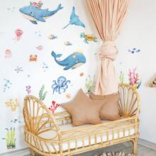 Decoração Simples de Outono Adesivo de Banheira com Animais do Oceano Azul, Adesivo de Parede para Decoração de Banheiro com Golfinho Azul do Mar e Água-Viva, Decalque Autoadesivo de Banheira, Adesivo de Decoração de Parede de Bottom de Banheira, Adesivo de Decoração de Banheiro Doméstico Volta às Aulas