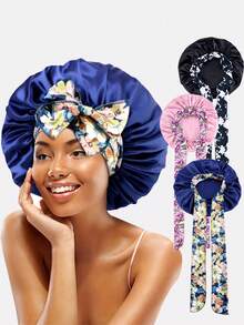 2pcs Women's Multicolor Printed Elastic Band Satin Bonnet For Daily Use Silk Bonnet Satin Bonnet - Multicolor - View 3