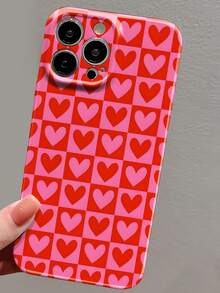 1pc Minimalist Grid & Heart Pattern Glossy Perforated Filmic Phone Case, Compatible With IPhone 11/12/13/14/15/16 Pro Max Waterproof Shockproof Anti-Fall Scratch Resistant - Multicolor - View 2