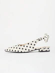 Plus Size Polka Dot Satin Chunky Heel Sandals For Women, Pointed Toe, White, Spring/Summer, French Retro Style, Bow Decor, Backless, Mary Jane, Comfortable - White - View 5