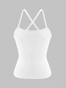 XLLAIS 女士简约纯色交叉露背弹力运动健身吊带背心，夏季白色休闲款 - 白色 - 查看 8