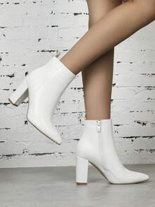 Women's White Pointed Toe Simple Personalized Thick Heel Ankle Boots, Elegant For Evening Party, Versatile & Slimming - White - View 5