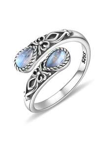 S925 Sterling Silver Moonstone Women's Adjustable Thumb Ring, Victoria Vintage Style Hypoallergenic Nickel Free, Retro Floral, Lucky, Faith, Mother's Love Ring, Bohemian Vintage Style, Daily, Party, Holiday, Valentine's Day, Halloween, Easter Gift, Comes With Gift Box - Star - View 3
