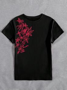 DEAR MOLLY Women's Floral Print T-Shirt, Round Neck Short Sleeve Top, 2000s American Gothic Retro 90s Emo Style, Japanese Fashion Y2K Floral Pattern T-Shirt, Fitted Vintage Harajuku Short Sleeve Tee - Black - View 3