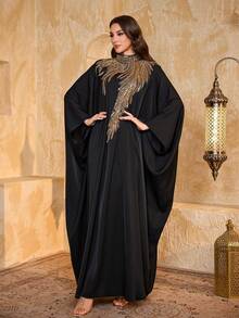 SUPGIR Women's Mandarin Collar Batwing Sleeve Sequin Patchwork Chiffon Elegant Slim-Fitting Evening Dress - Black - View 7