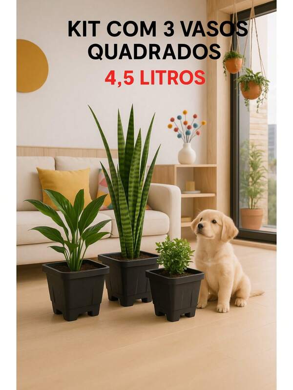 Kit 3 Vasos Quadrado Planta Decoração Flores Capacidade 4,5 LITROS
